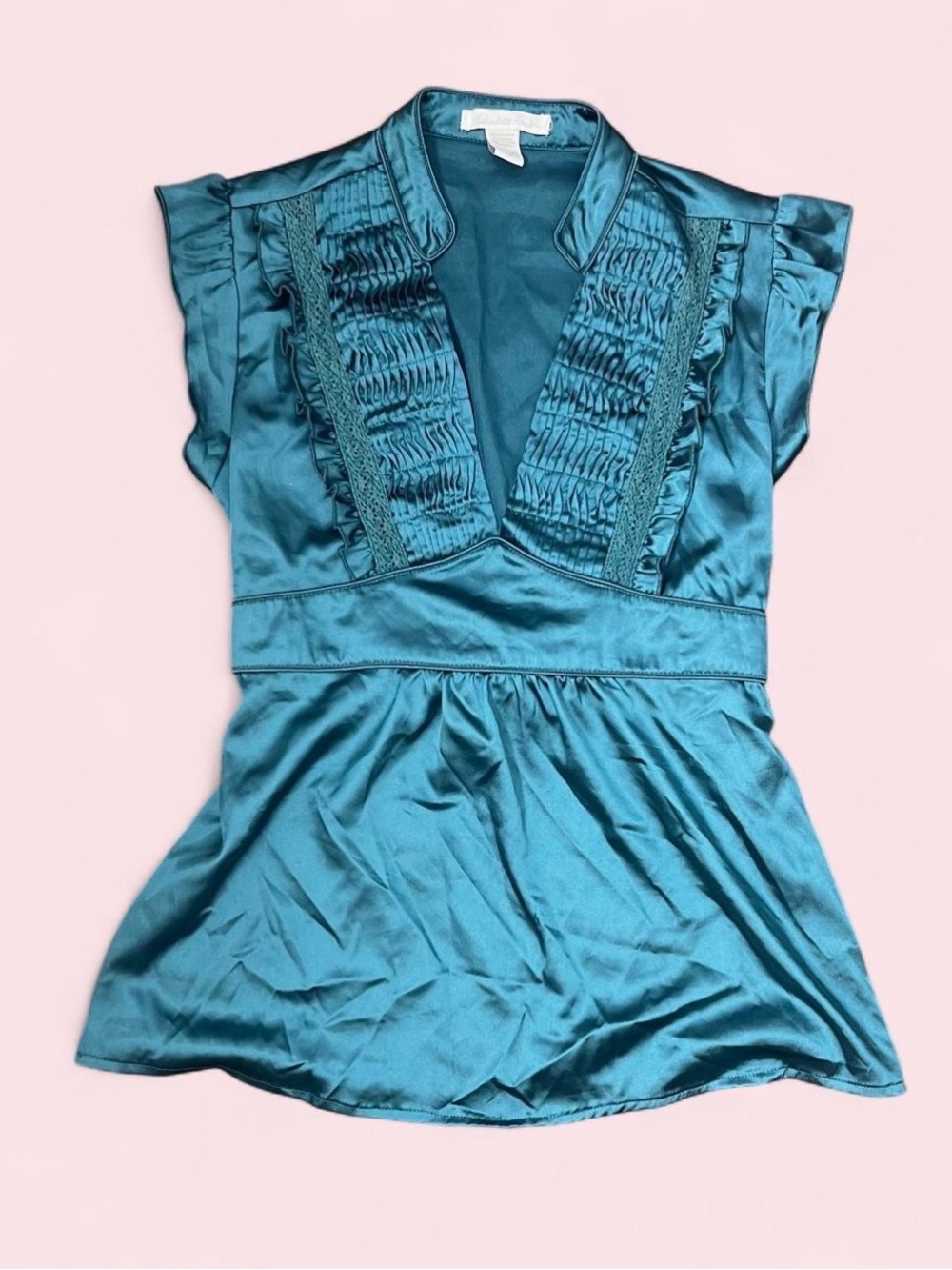 Charlotte Russe Teal Satin V-Neck Ruffled Blouse Y2K
